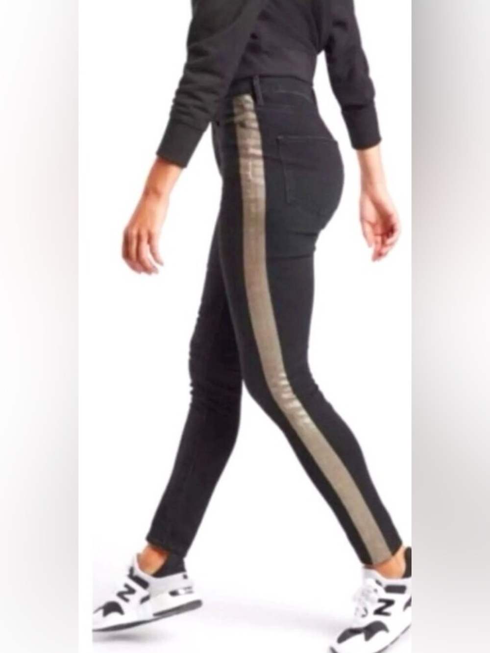 New ATHLETA Sculptek Black Stretch Jeans Gold Tuxedo Side Stripe High-rise 6